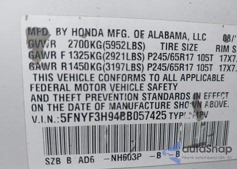2011 Honda Pilot Touring from USA, damaged, VIN 5FNYF3H94BB057425